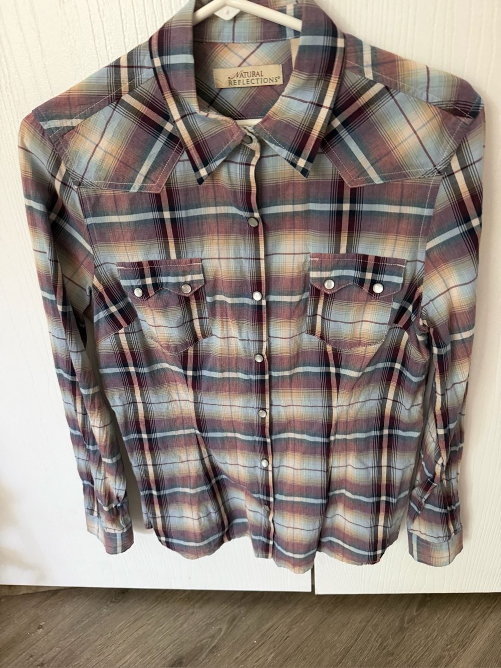 Natural Reflections womens Plaid Button-Down Shirt in Burgundy, Blue and Cream